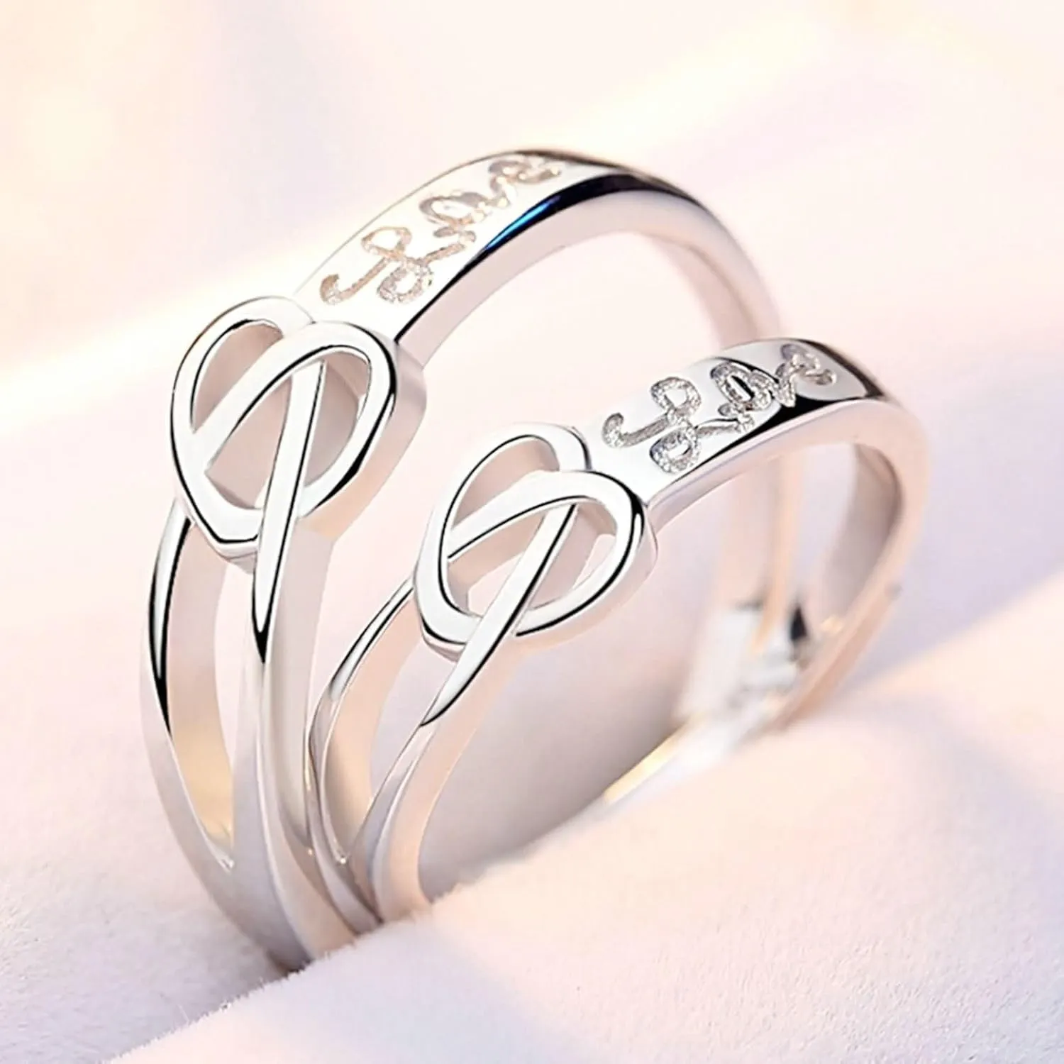 Couples Ring Personalized Couple Rings Promise Rings,Adjustable Couple Rings Sterling Silver,Round with Heart Wedding Band Silver