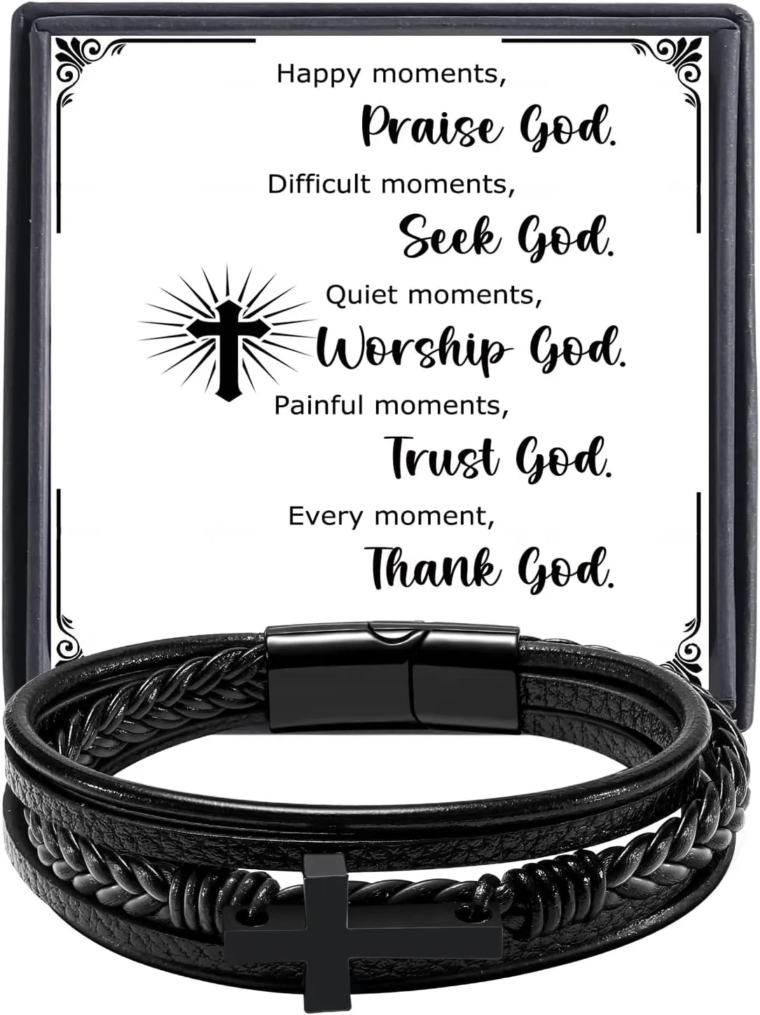 Cross Bracelet for Men Father Dad Husband Son Brother Boyfriend Father's Day Birthday Graduation Anniversary Christmas Christian Religious Jesus Easter Catholic Black Leather Bracelet Gift for Man