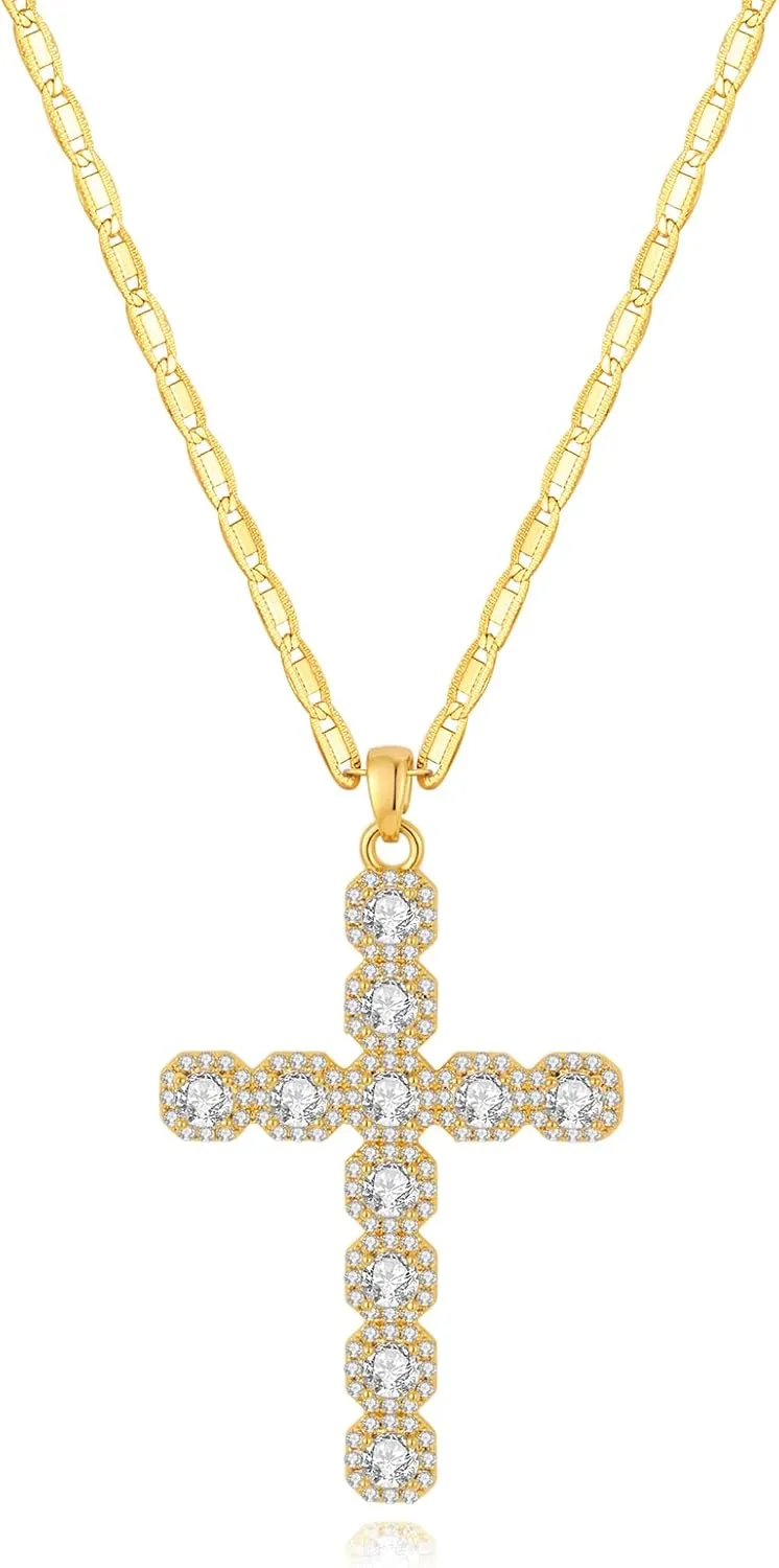 Cross Faith Pendant Necklaces for Women Trendy Gold Chain Cross Necklace Shiny Rhinestones Gold Charm Necklace Fashion Minimalist Faith Jewelry