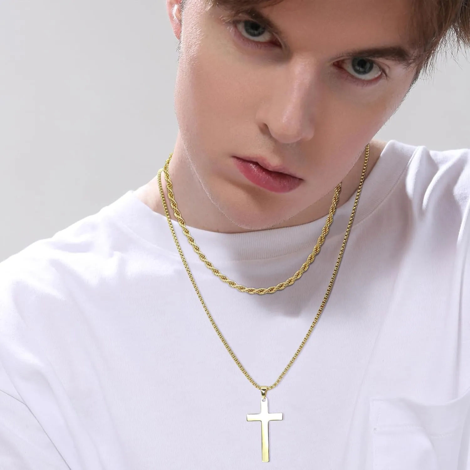 Cross Necklace for Men, Stainless Steel Cross Pendant Necklace Layered Cuban Link Chain Crucifix Necklace Silver Black Gold Cross Chain Cross Jewelry