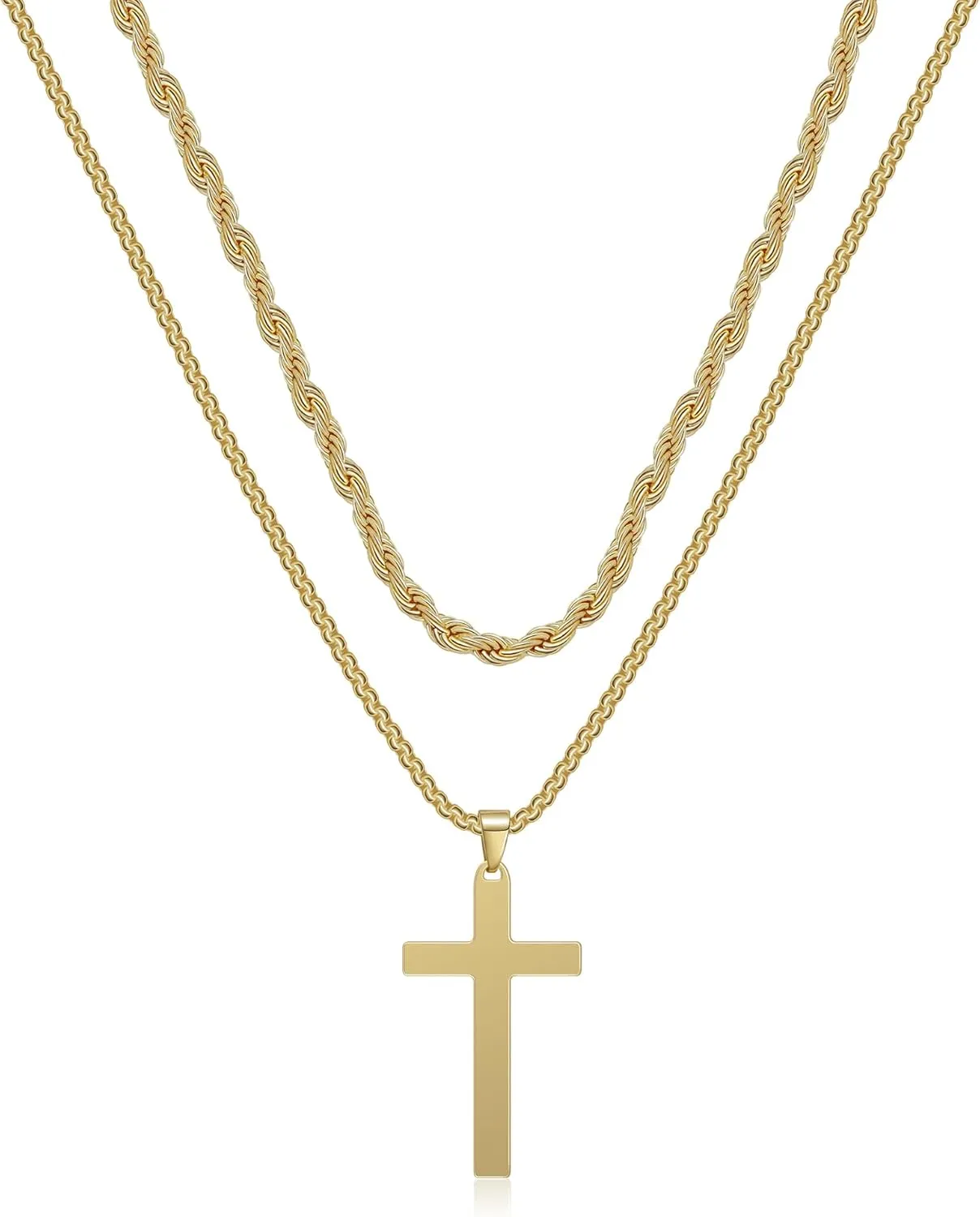 Cross Necklace for Men, Stainless Steel Cross Pendant Necklace Layered Cuban Link Chain Crucifix Necklace Silver Black Gold Cross Chain Cross Jewelry