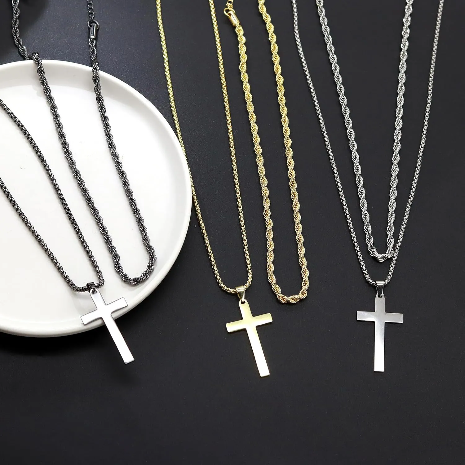 Cross Necklace for Men, Stainless Steel Cross Pendant Necklace Layered Cuban Link Chain Crucifix Necklace Silver Black Gold Cross Chain Cross Jewelry