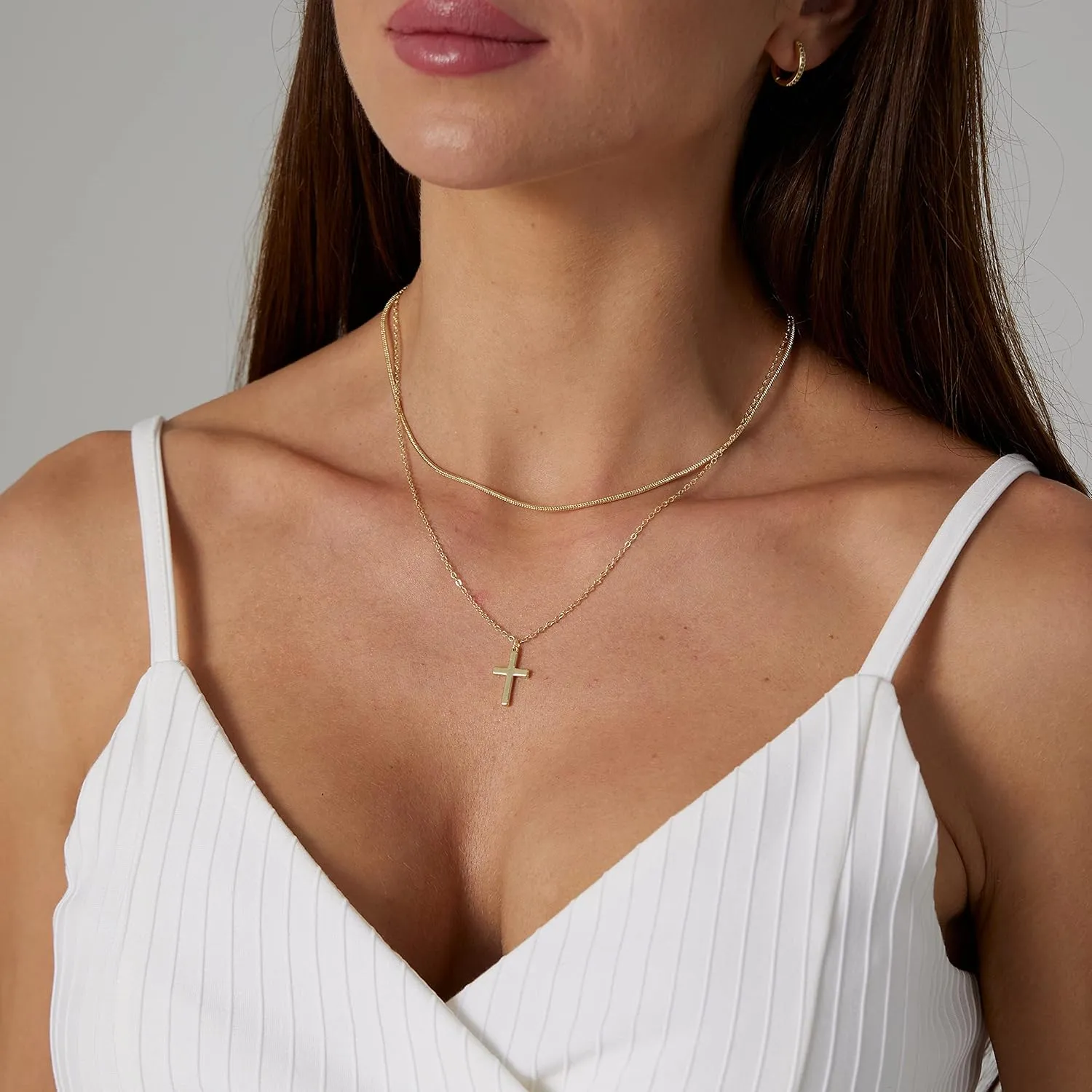 Cross Necklace for Women 14K Gold Plated Dainty Cubic Zirconia Sideways Cross Necklace Simple Cute Layered Gold Cross Pendant Satellite Chain Necklace Trendy Fashion Jewelry Gifts