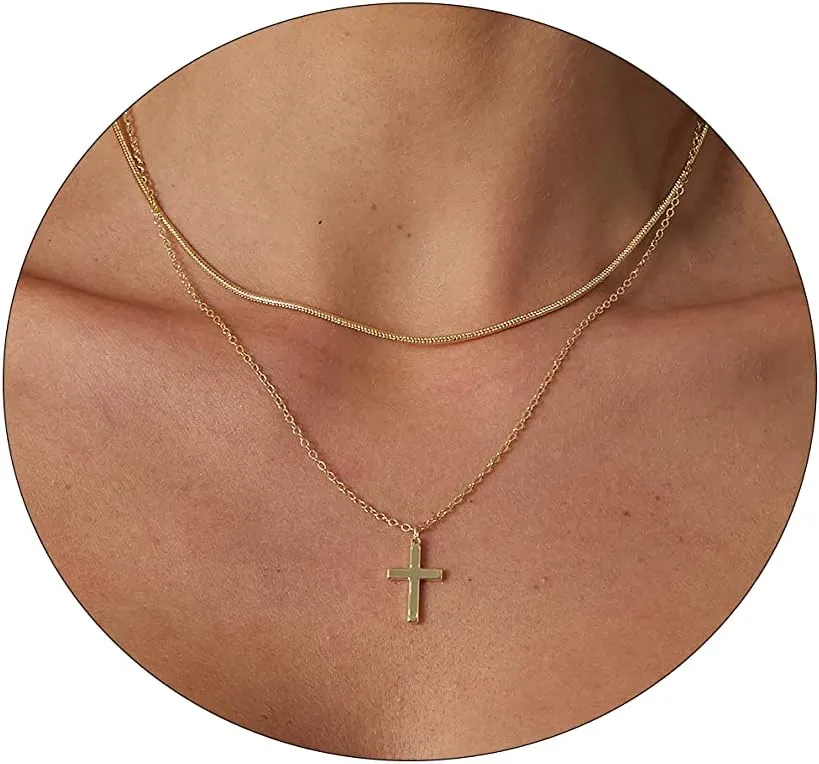 Cross Necklace for Women 14K Gold Plated Dainty Cubic Zirconia Sideways Cross Necklace Simple Cute Layered Gold Cross Pendant Satellite Chain Necklace Trendy Fashion Jewelry Gifts