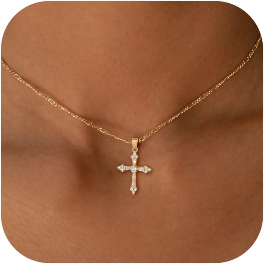 Cross Necklace for Women, Dainty Gold Necklace 14K Gold Plated Cute Small Cross Choker Necklaces for Women Trendy Simple Charm Gold Pendnat Fashion Womens Jewelry