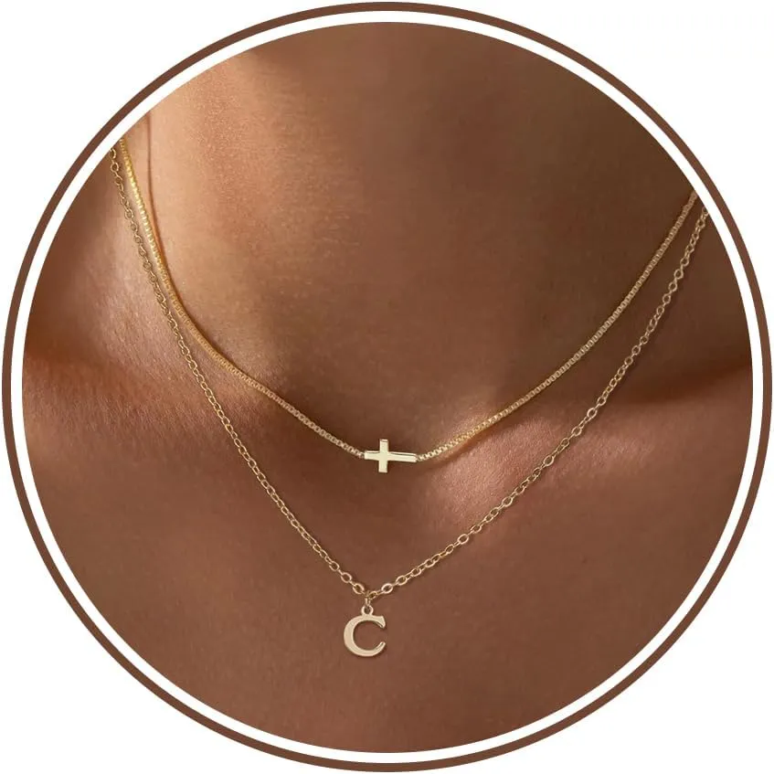 Cross Necklaces for Women Gold Layered Initial A-Z Letter Small Cross Pendant Choker Simple Trendy Cute Cross Charm Chain Necklace Easter Basket Stuffers Baptism Religious Faith Jewelry Gift First Communion Gifts for Teens Catholic