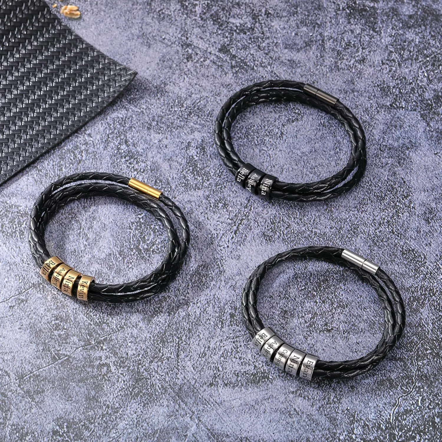 Custom 2-6 Names Bracelets for Men Braided Leather Bracelet with Names Beads Mens Leather Bracelets Customized Men Bracelets Jewelry Gift for Dad Boyfriend Husband Grandfather