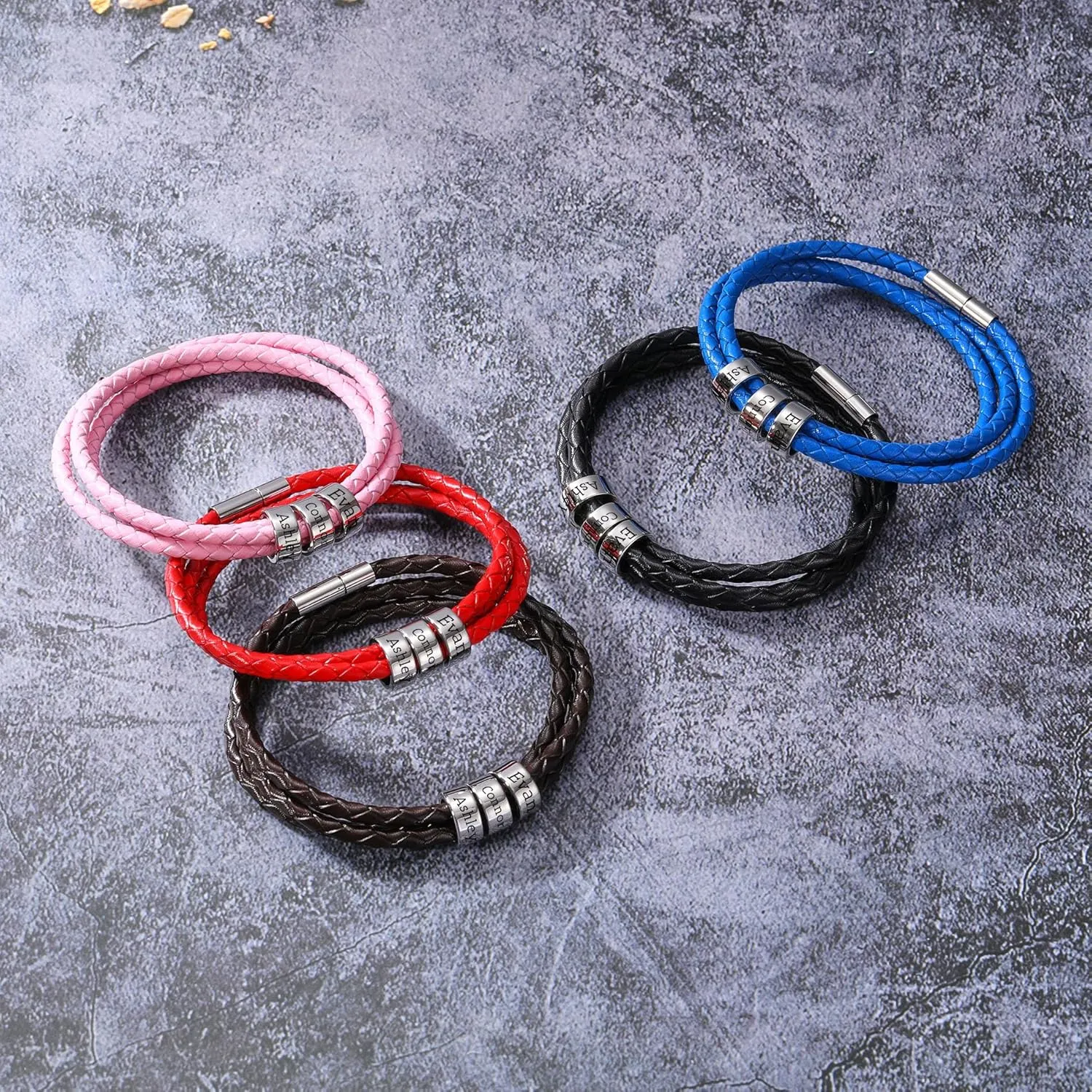 Custom 2-6 Names Bracelets for Men Braided Leather Bracelet with Names Beads Mens Leather Bracelets Customized Men Bracelets Jewelry Gift for Dad Boyfriend Husband Grandfather