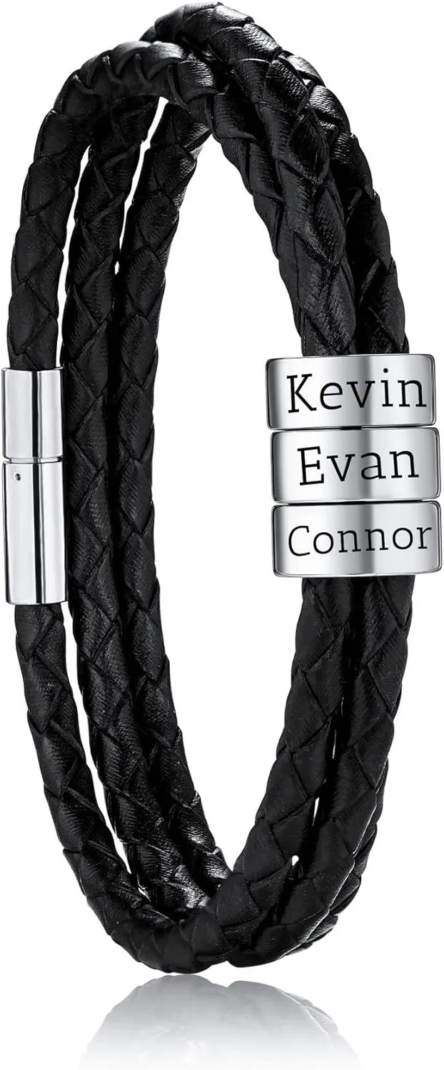 Custom 2-6 Names Bracelets for Men Braided Leather Bracelet with Names Beads Mens Leather Bracelets Customized Men Bracelets Jewelry Gift for Dad Boyfriend Husband Grandfather
