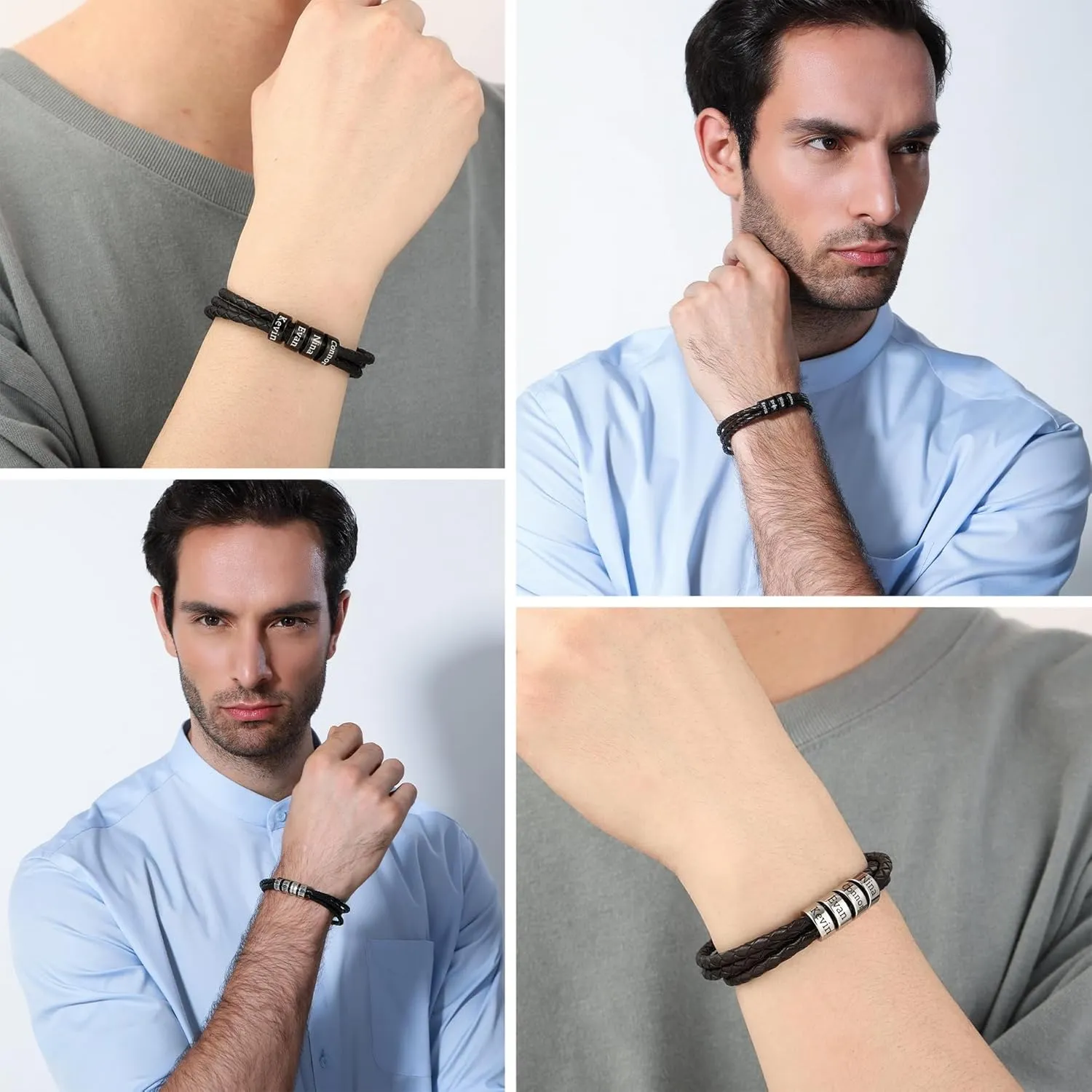 Custom 2-6 Names Bracelets for Men Braided Leather Bracelet with Names Beads Mens Leather Bracelets Customized Men Bracelets Jewelry Gift for Dad Boyfriend Husband Grandfather