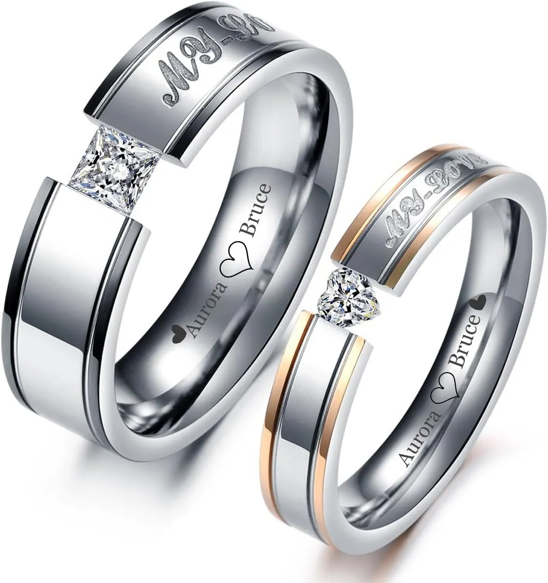 Custom Engraved Couple Rings Promise Rings for Him and Her Personalized CZ Engagement Rings for Women Mens Tungsten Wedding Anniversary Rings for Wife Husband,with Heart