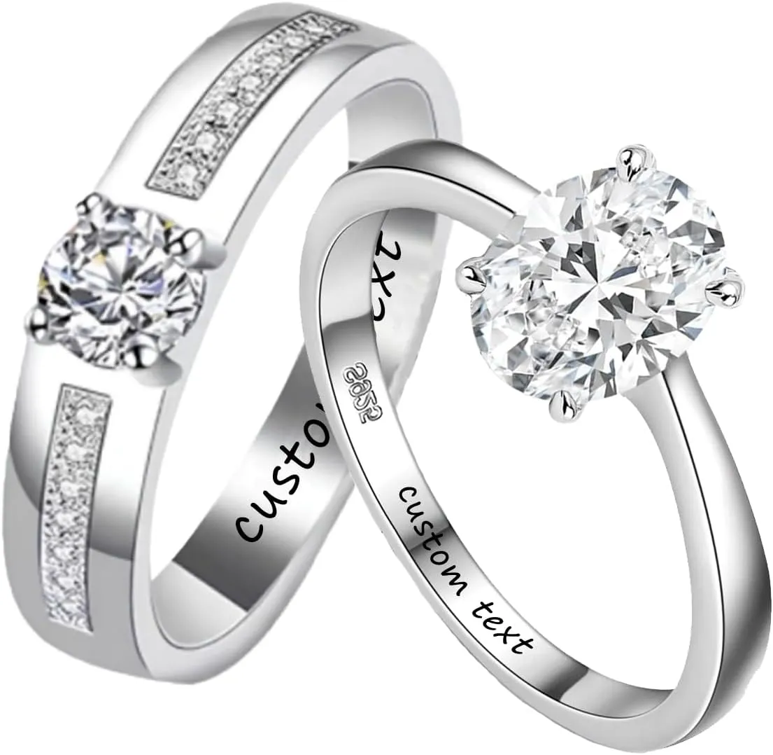 Custom Matching Rings for Couples - 925 Sterling Silver Promise Rings - Personalized Wedding Engagement Set With 2 Rings - Anillos de Promesa Para Parejas