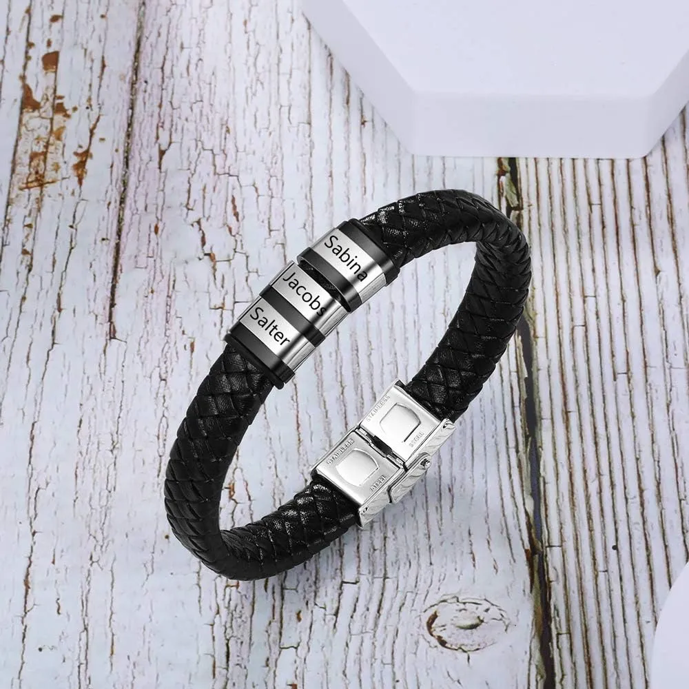 Custom Mens Name Bracelets with 1-8 Names Engraved Personalized Leather Braid Bracelets Gifts for Men Birthday Father's Day
