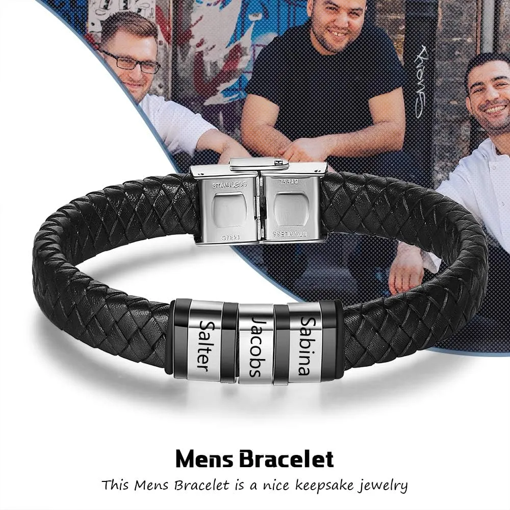 Custom Mens Name Bracelets with 1-8 Names Engraved Personalized Leather Braid Bracelets Gifts for Men Birthday Father's Day