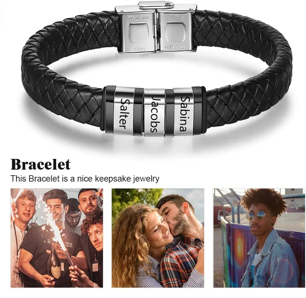 Custom Mens Name Bracelets with 1-8 Names Engraved Personalized Leather Braid Bracelets Gifts for Men Birthday Father's Day