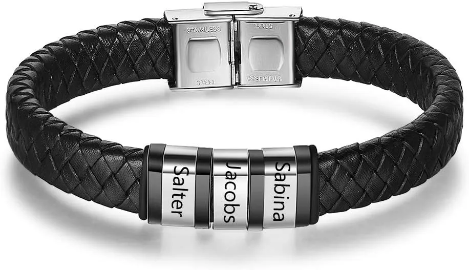 Custom Mens Name Bracelets with 1-8 Names Engraved Personalized Leather Braid Bracelets Gifts for Men Birthday Father's Day