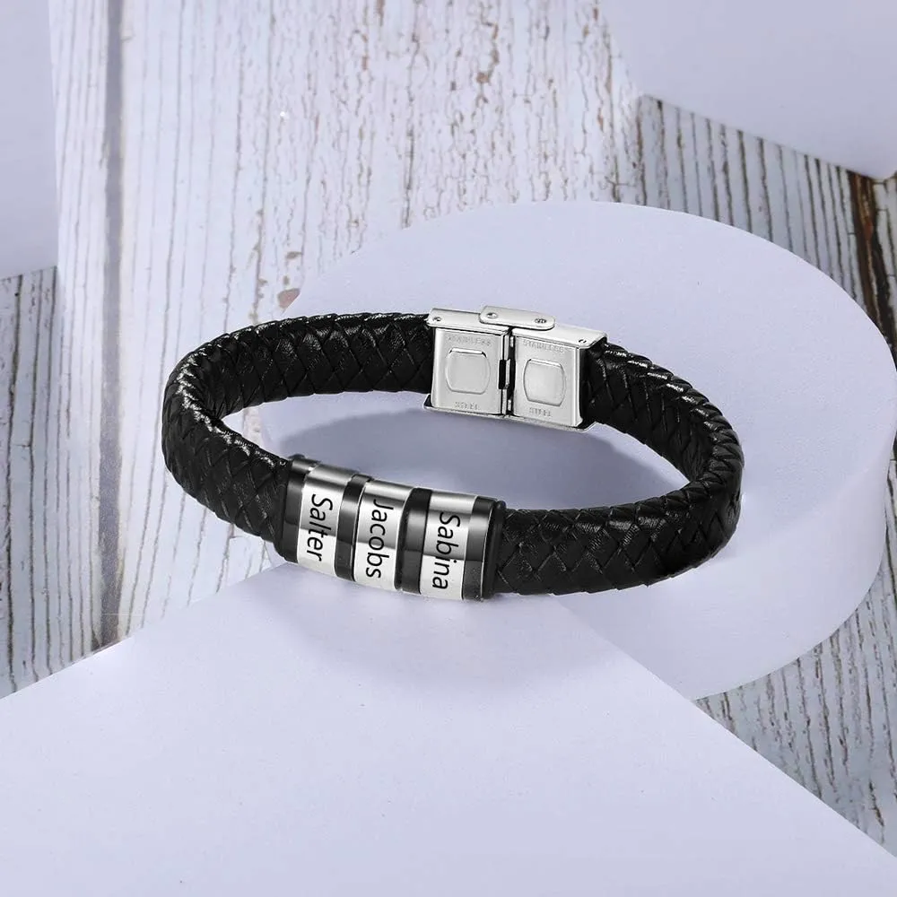 Custom Mens Name Bracelets with 1-8 Names Engraved Personalized Leather Braid Bracelets Gifts for Men Birthday Father's Day
