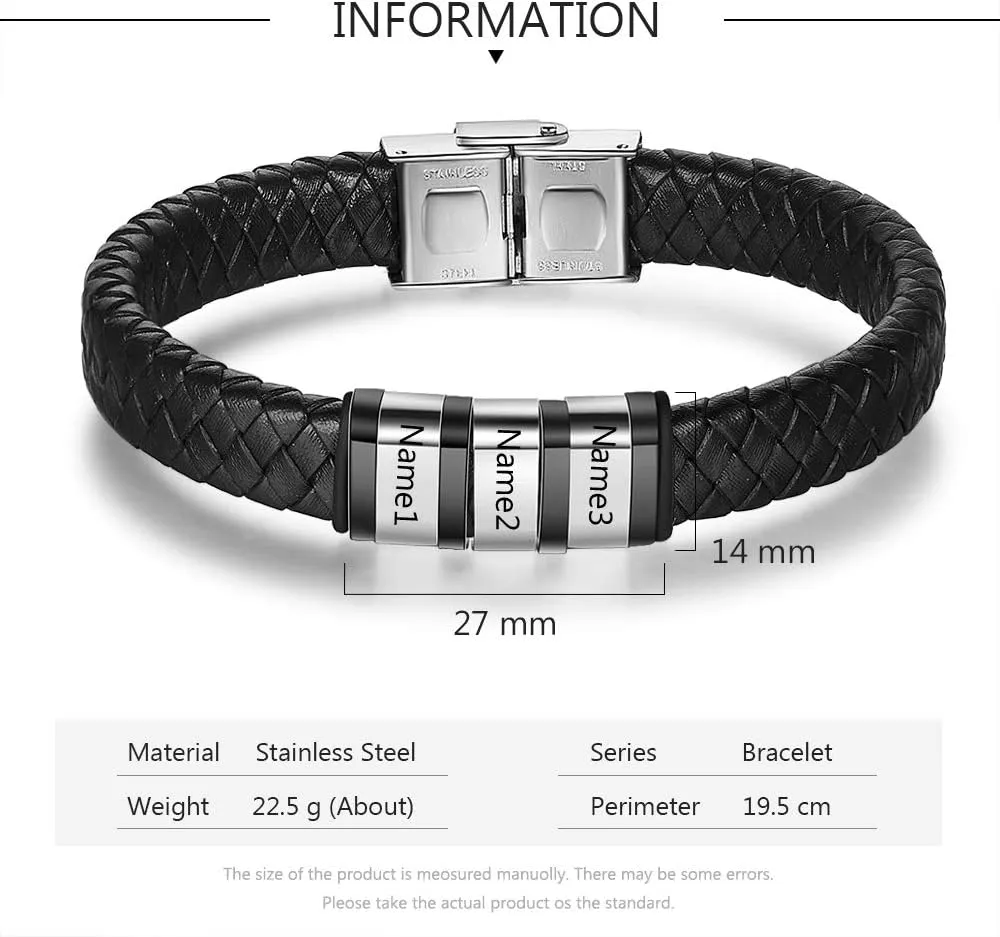 Custom Mens Name Bracelets with 1-8 Names Engraved Personalized Leather Braid Bracelets Gifts for Men Birthday Father's Day