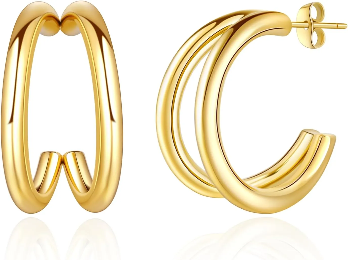 Dainty Gold Double Hoop Earrings - 14K Gold Plated Huggie Stud Earrings for Women - Chunky & Half Hoop Design - Gift Idea"