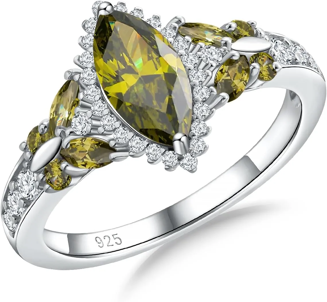 DAYBYDAY Butterfly Birthstone Rings for Women, 925 Sterling Silver Created Gemstone 5A Cubic Zirconia Cushion/Marquise Engagement Ring, 2ct Halo Promise Rings for Her Anniversary Wedding Jewerly