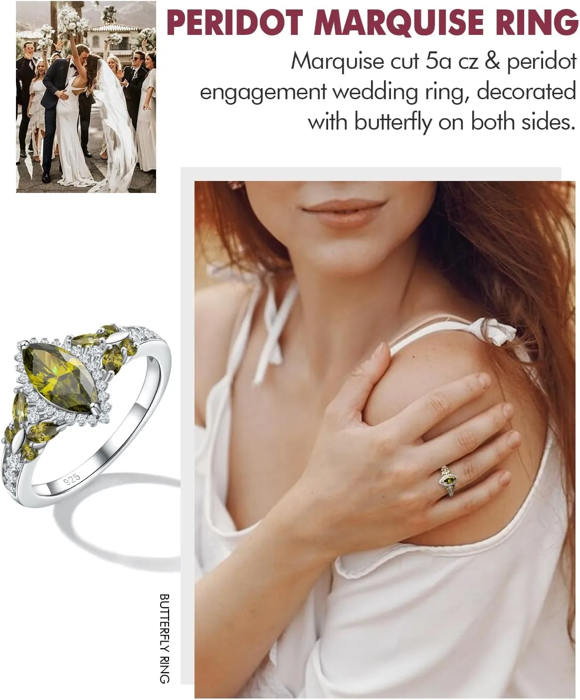 DAYBYDAY Butterfly Birthstone Rings for Women, 925 Sterling Silver Created Gemstone 5A Cubic Zirconia Cushion/Marquise Engagement Ring, 2ct Halo Promise Rings for Her Anniversary Wedding Jewerly