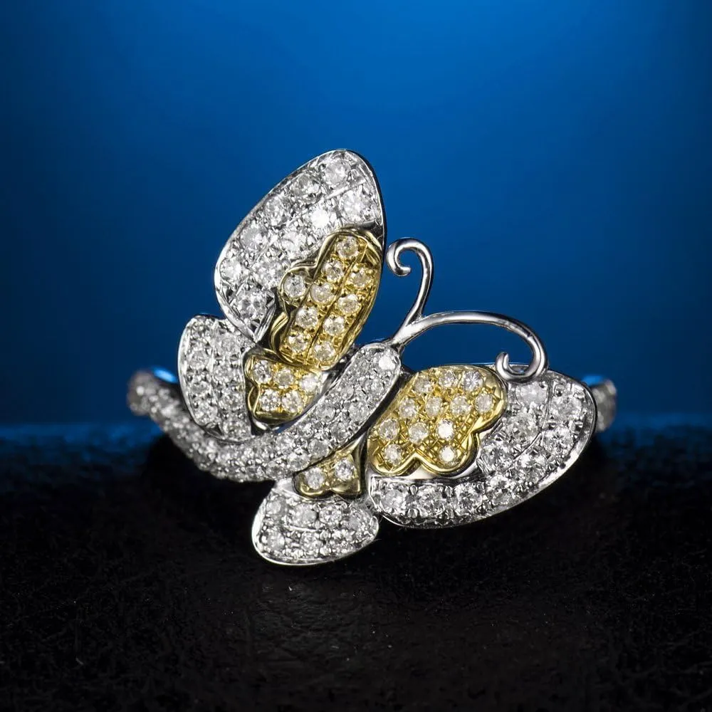 Diamond Rings For Women, 14K White Yellow Two Tone Gold Rings - Butterfly Ring, 0.52Carat Real Diamond Rings & Beautiful Sparkly Butterfly Rings For Couple Engagement Ring