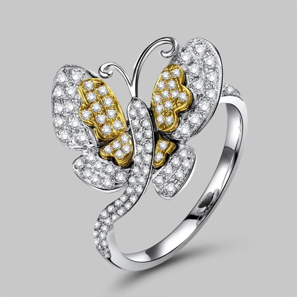 Diamond Rings For Women, 14K White Yellow Two Tone Gold Rings - Butterfly Ring, 0.52Carat Real Diamond Rings & Beautiful Sparkly Butterfly Rings For Couple Engagement Ring