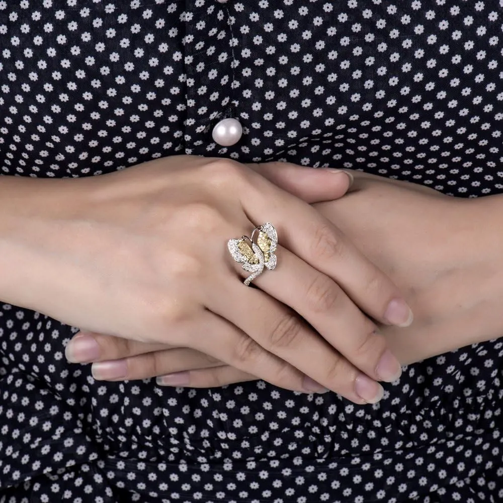 Diamond Rings For Women, 14K White Yellow Two Tone Gold Rings - Butterfly Ring, 0.52Carat Real Diamond Rings & Beautiful Sparkly Butterfly Rings For Couple Engagement Ring