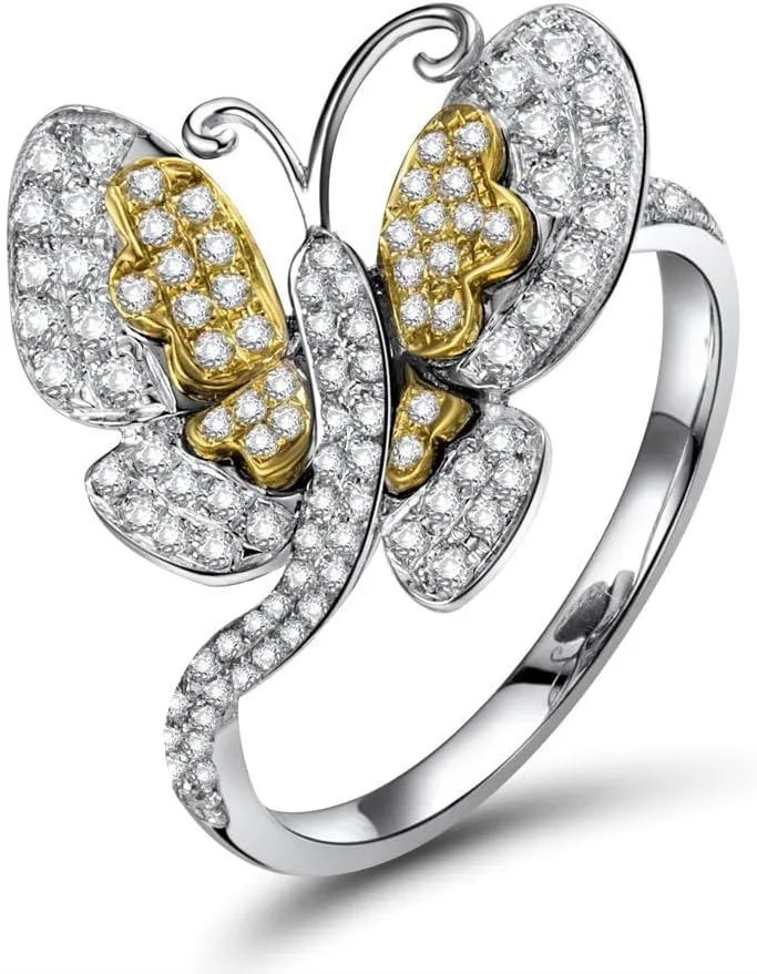 Diamond Rings For Women, 14K White Yellow Two Tone Gold Rings - Butterfly Ring, 0.52Carat Real Diamond Rings & Beautiful Sparkly Butterfly Rings For Couple Engagement Ring