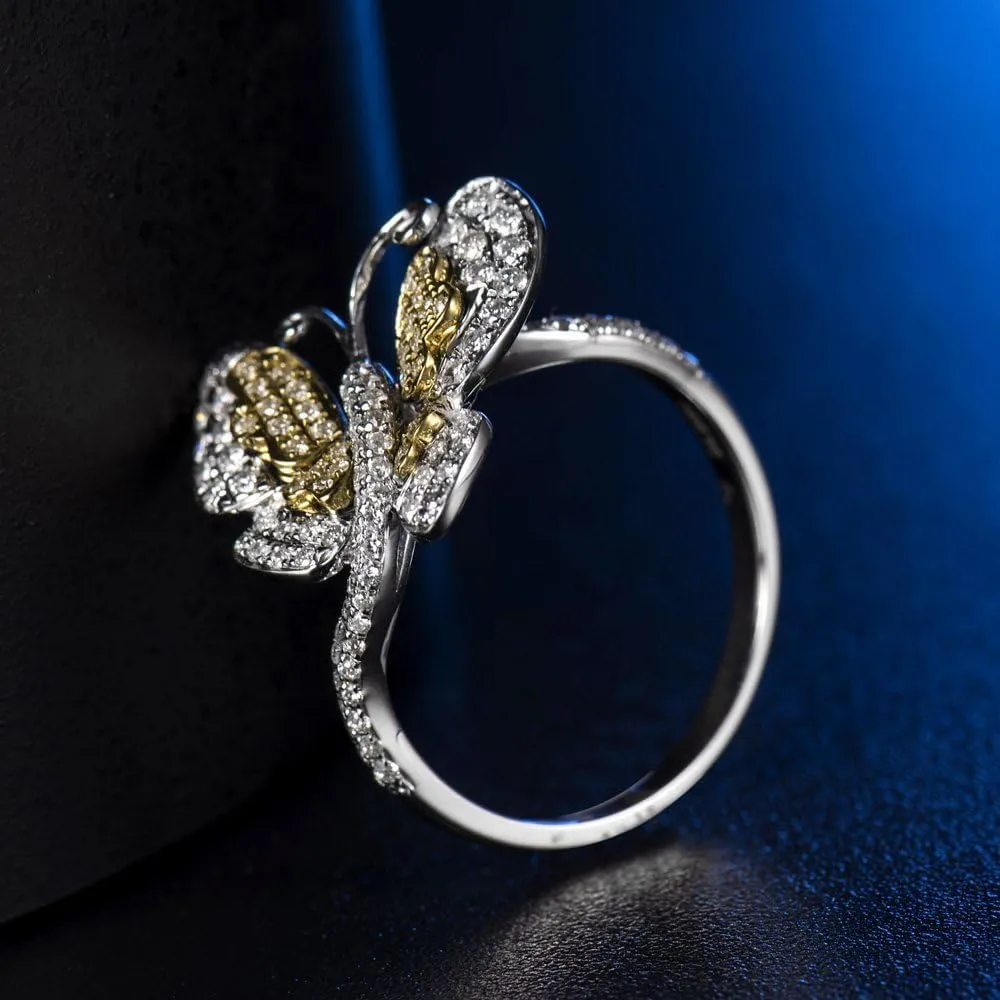 Diamond Rings For Women, 14K White Yellow Two Tone Gold Rings - Butterfly Ring, 0.52Carat Real Diamond Rings & Beautiful Sparkly Butterfly Rings For Couple Engagement Ring