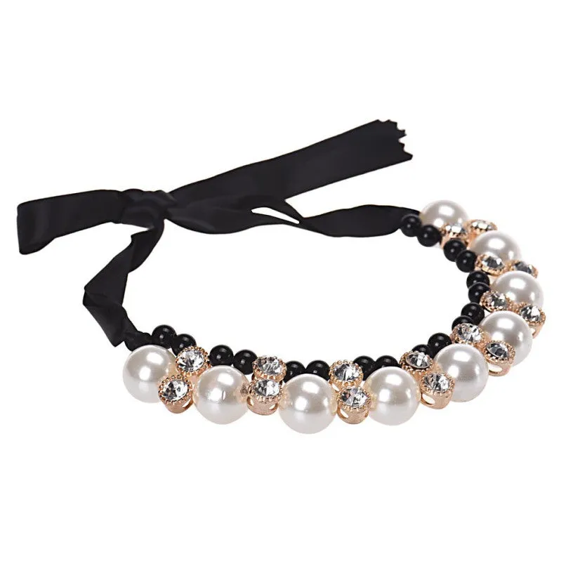 Diomedes Women Double Row Adjustable Band Ribbon Beads Rhinestone Necklace Imitation Pearl Chokers Necklaces Gift