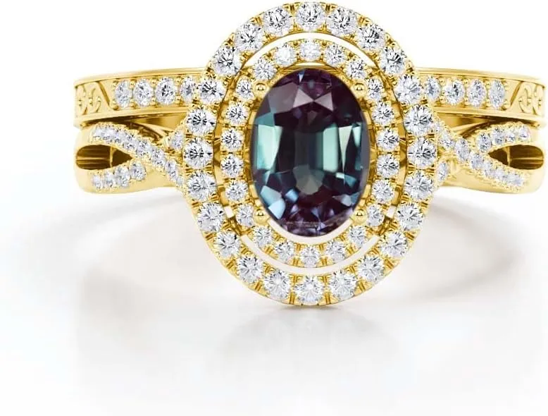 Double Halo 1.75 Carat Oval Cut Gemstone Infinity Wedding Ring Sets for Women 925 Sterling Silver 10K 14K 18K Gold Birthstone Bridal Ring Sets with Moissanite for Her