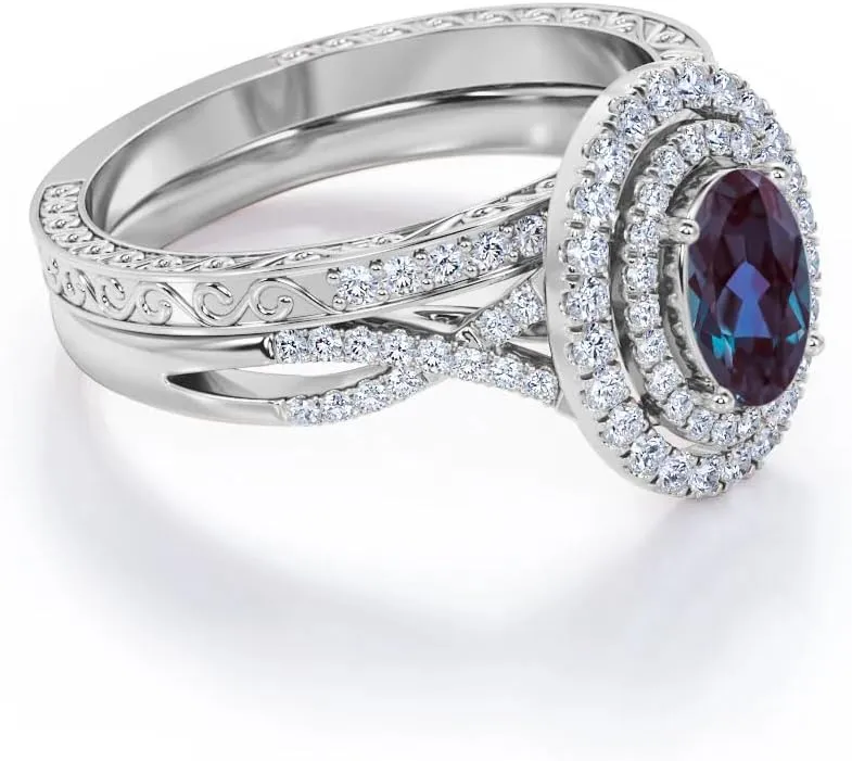 Double Halo 1.75 Carat Oval Cut Gemstone Infinity Wedding Ring Sets for Women 925 Sterling Silver 10K 14K 18K Gold Birthstone Bridal Ring Sets with Moissanite for Her