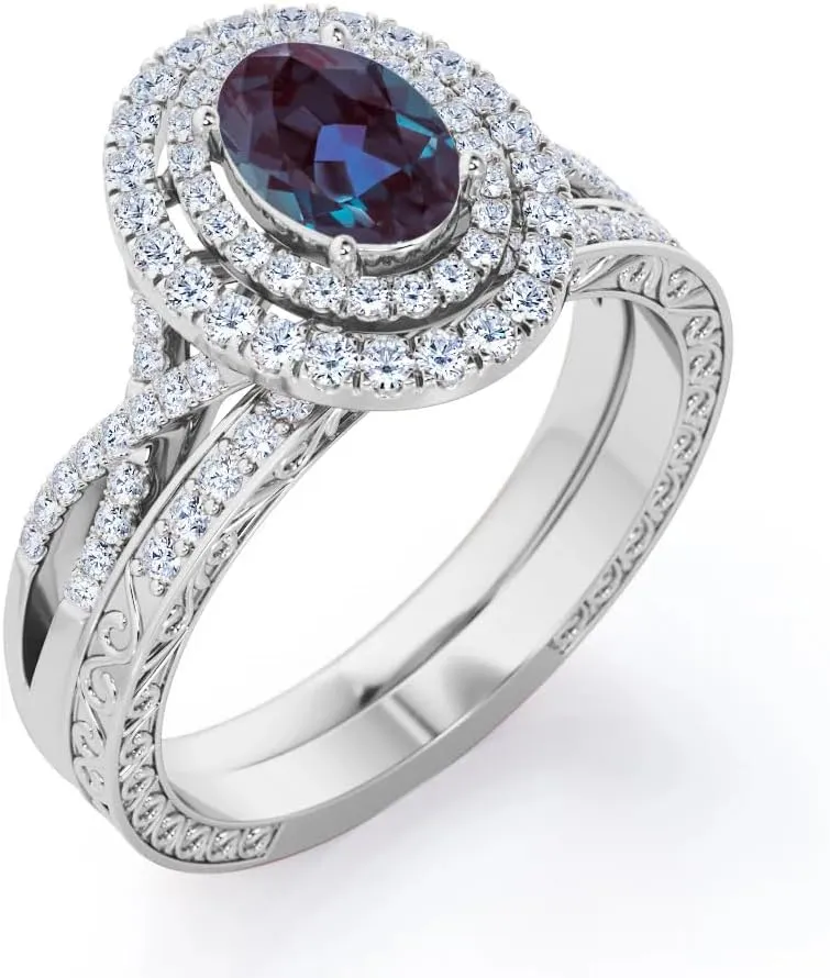 Double Halo 1.75 Carat Oval Cut Gemstone Infinity Wedding Ring Sets for Women 925 Sterling Silver 10K 14K 18K Gold Birthstone Bridal Ring Sets with Moissanite for Her