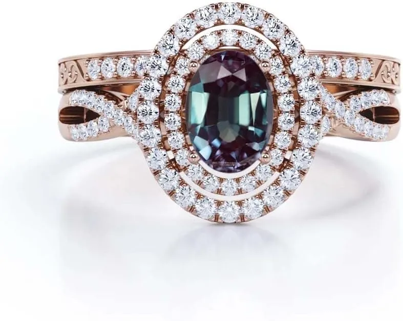 Double Halo 1.75 Carat Oval Cut Gemstone Infinity Wedding Ring Sets for Women 925 Sterling Silver 10K 14K 18K Gold Birthstone Bridal Ring Sets with Moissanite for Her
