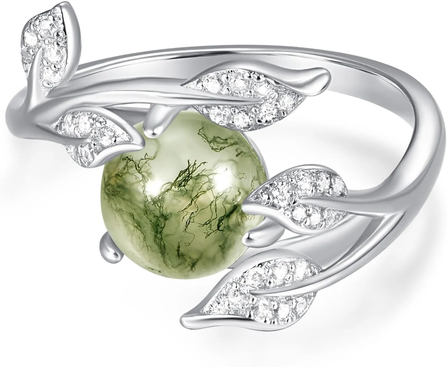Dreamboat Moss Agate Ring Women Leaf Ring Wrap Vine Ring Sterling Silver Gemstone Gem Nature Rings Plant Jewelry Unique Rings Moss Agate Jewelry Size 8