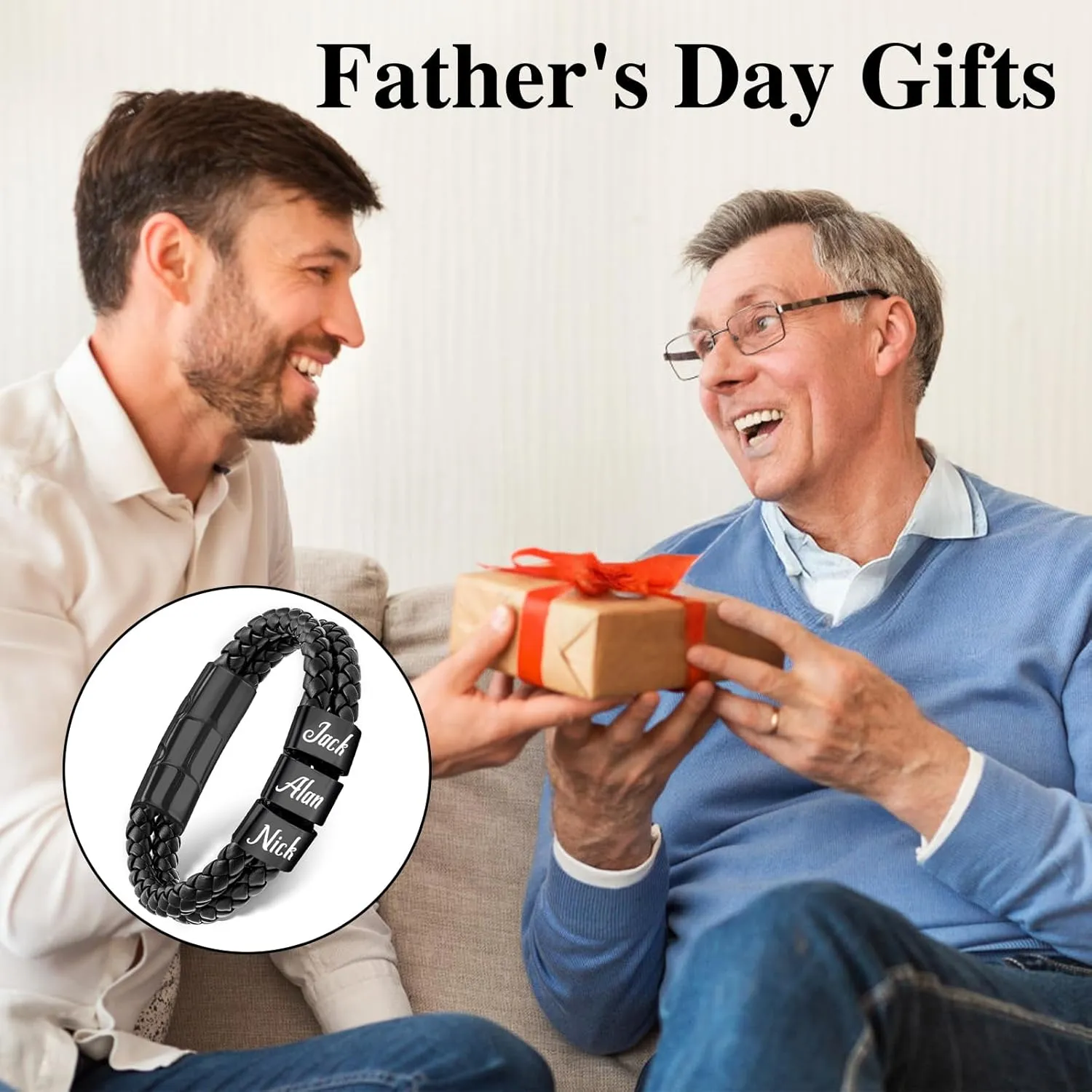 Dreamdecor Personalized Mens Leather Bracelet with Custom Beads - Engraved Names Jewelry, Customized Gifts for Dad Men