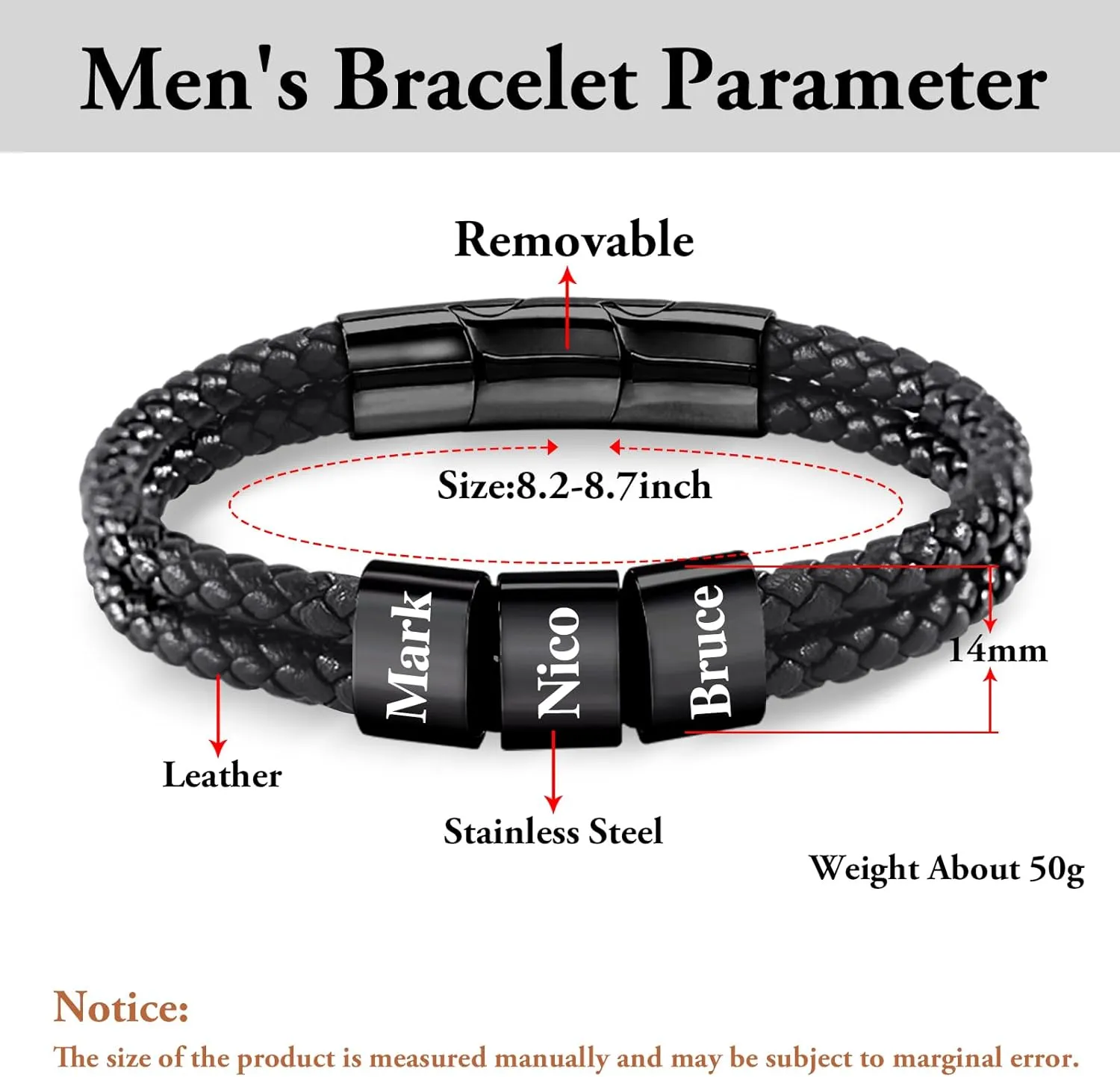 Dreamdecor Personalized Mens Leather Bracelet with Custom Beads - Engraved Names Jewelry, Customized Gifts for Dad Men