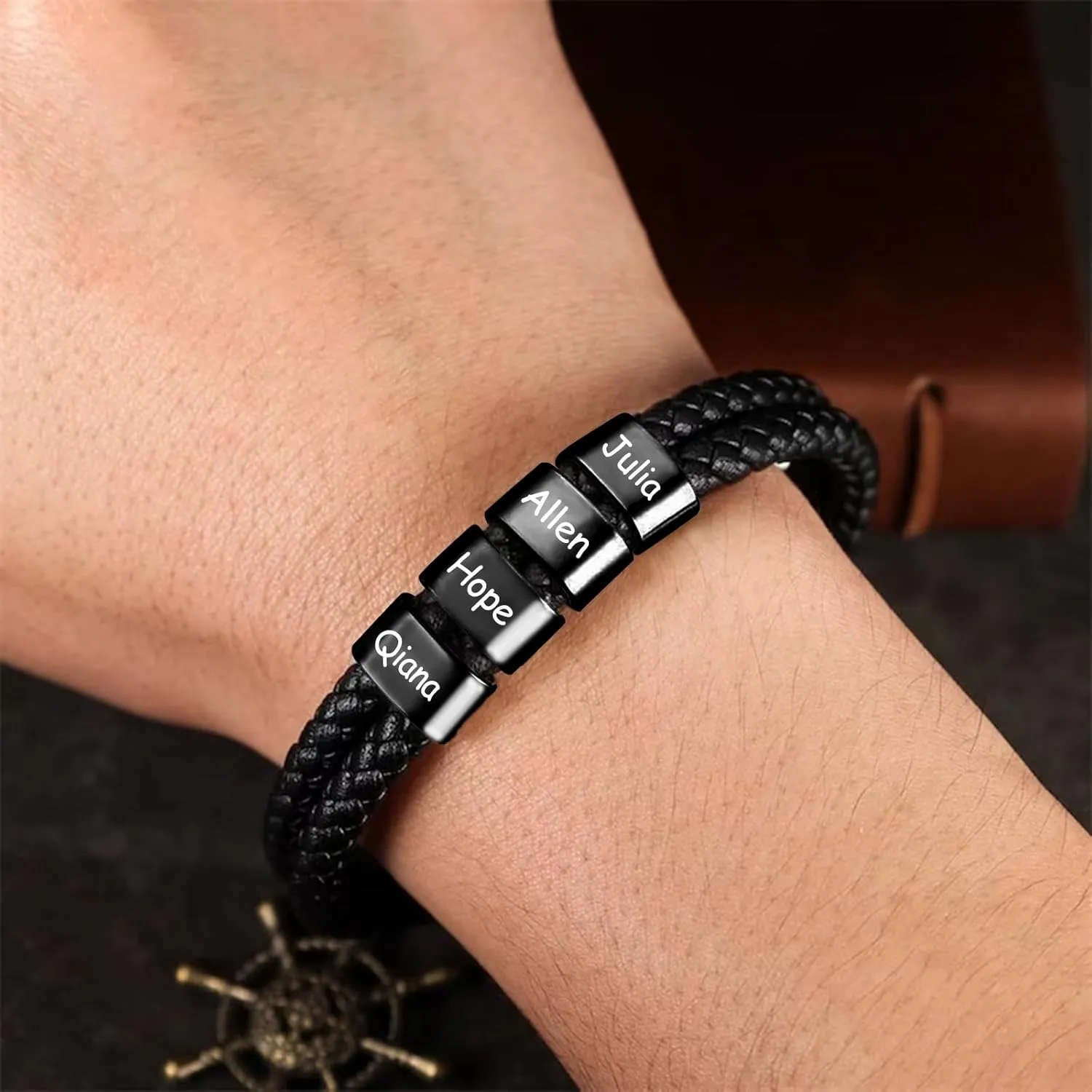 Dreamdecor Personalized Mens Leather Bracelet with Custom Beads - Engraved Names Jewelry, Customized Gifts for Dad Men