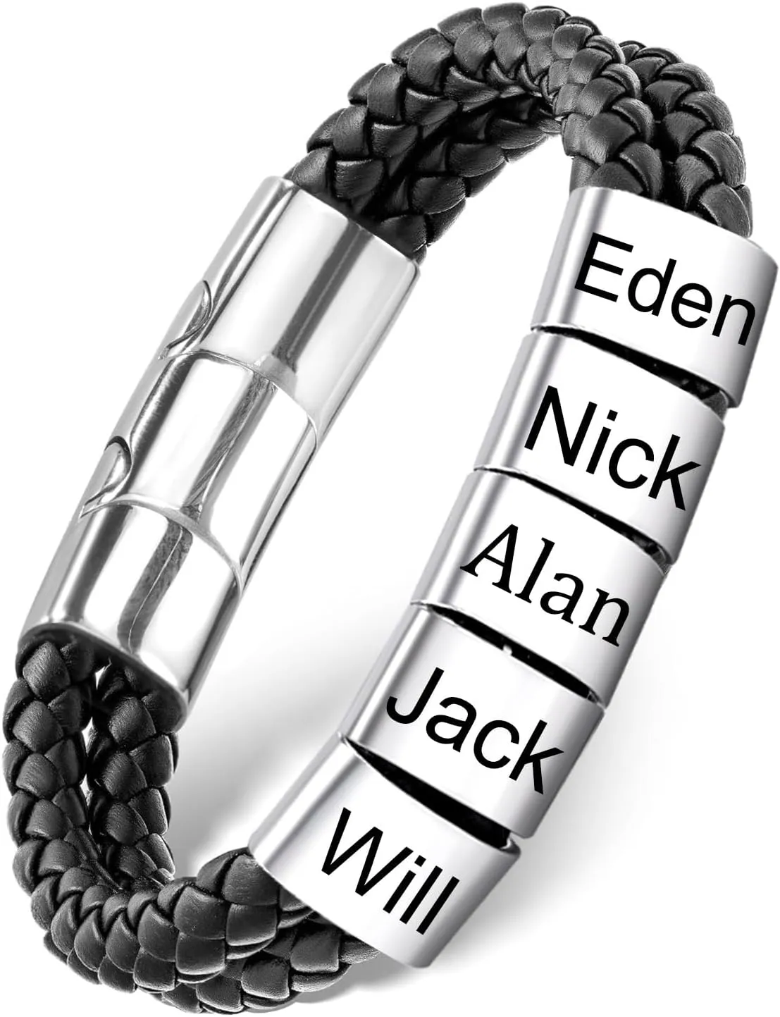 Dreamdecor Personalized Mens Leather Bracelet with Custom Beads - Engraved Names Jewelry, Customized Gifts for Dad Men