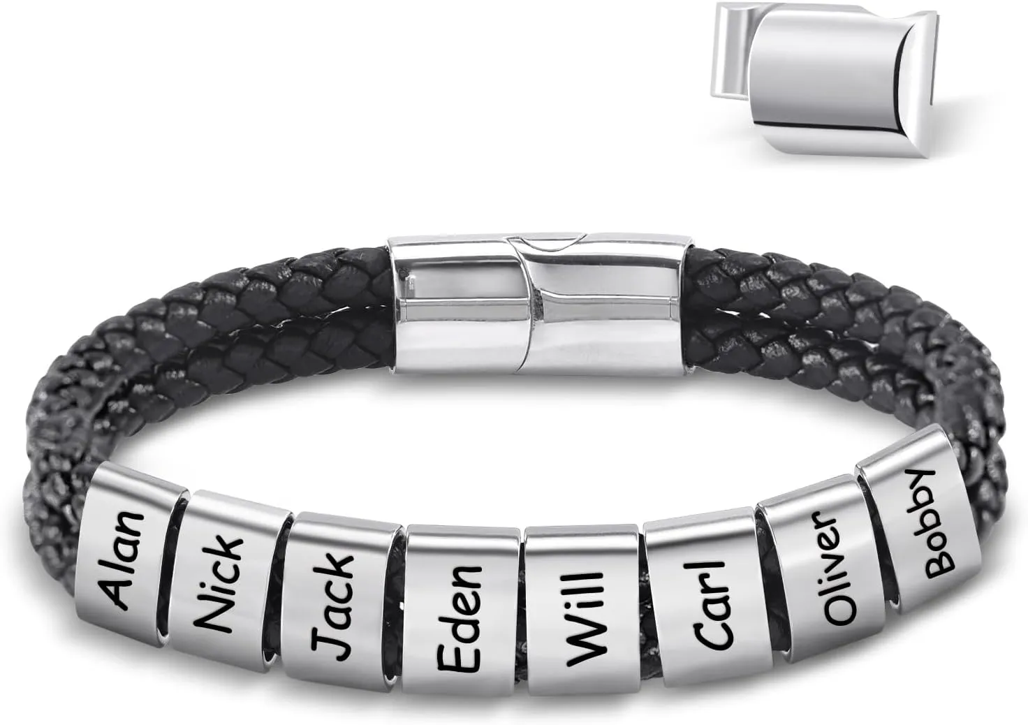 Dreamdecor Personalized Mens Leather Bracelet with Custom Beads - Engraved Names Jewelry, Customized Gifts for Dad Men