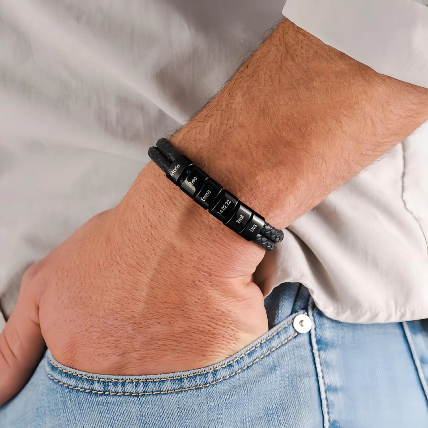 Dreamdecor Personalized Mens Leather Bracelet with Custom Beads - Engraved Names Jewelry, Customized Gifts for Dad Men