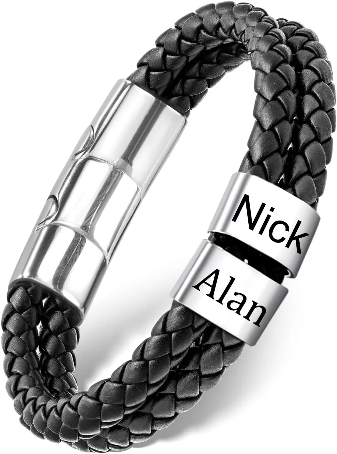 Dreamdecor Personalized Mens Leather Bracelet with Custom Beads - Engraved Names Jewelry, Customized Gifts for Dad Men