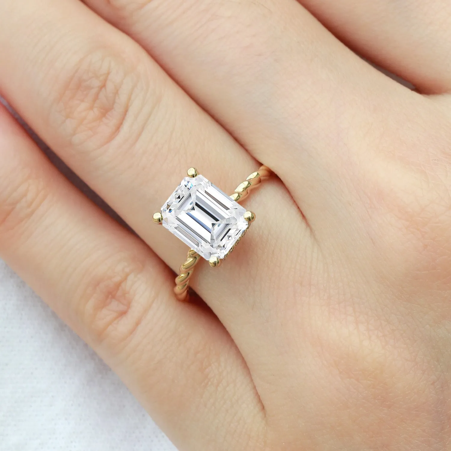 Emerald Cut Moissanite Solitaire Hidden Halo Ring