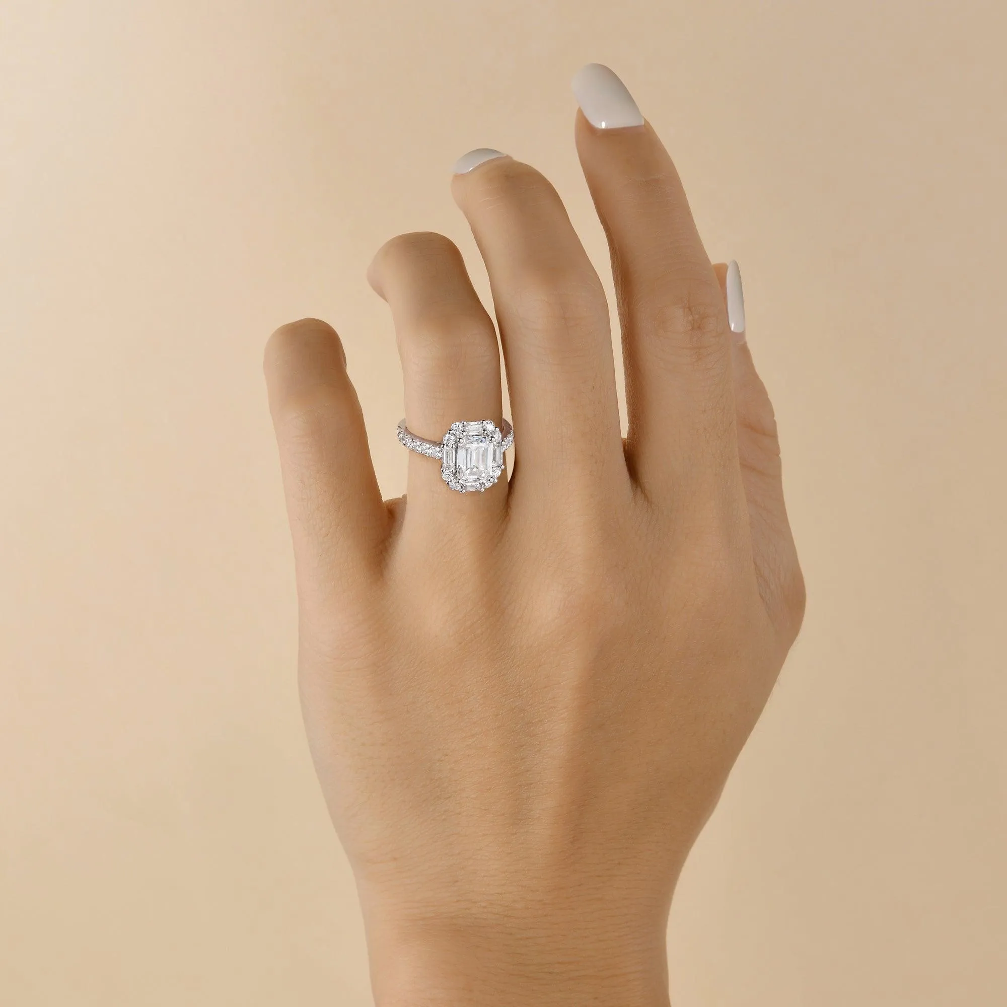 Emerald Cut Moissanite Vintage Inspired White Gold Ring