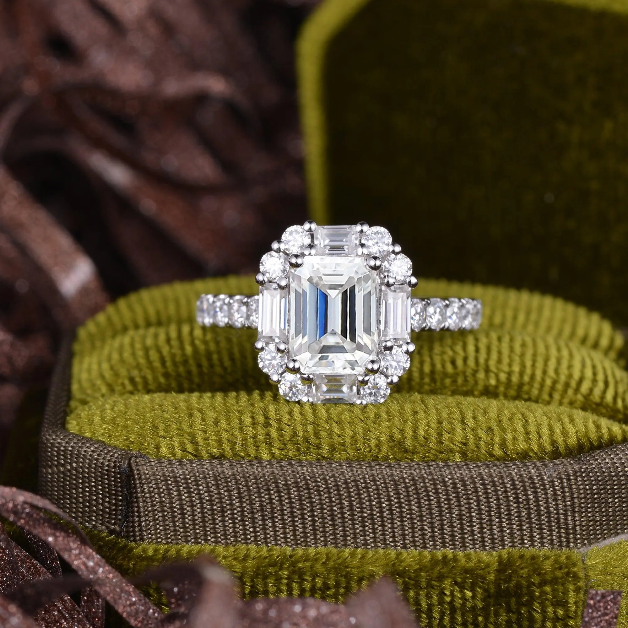 Emerald Cut Moissanite Vintage Inspired White Gold Ring