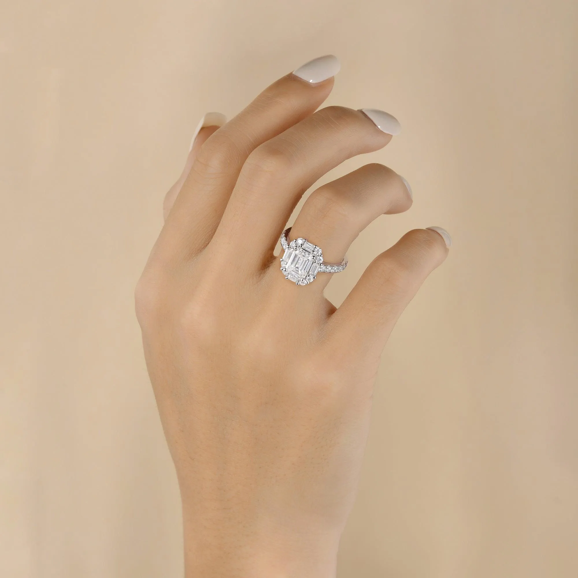Emerald Cut Moissanite Vintage Inspired White Gold Ring