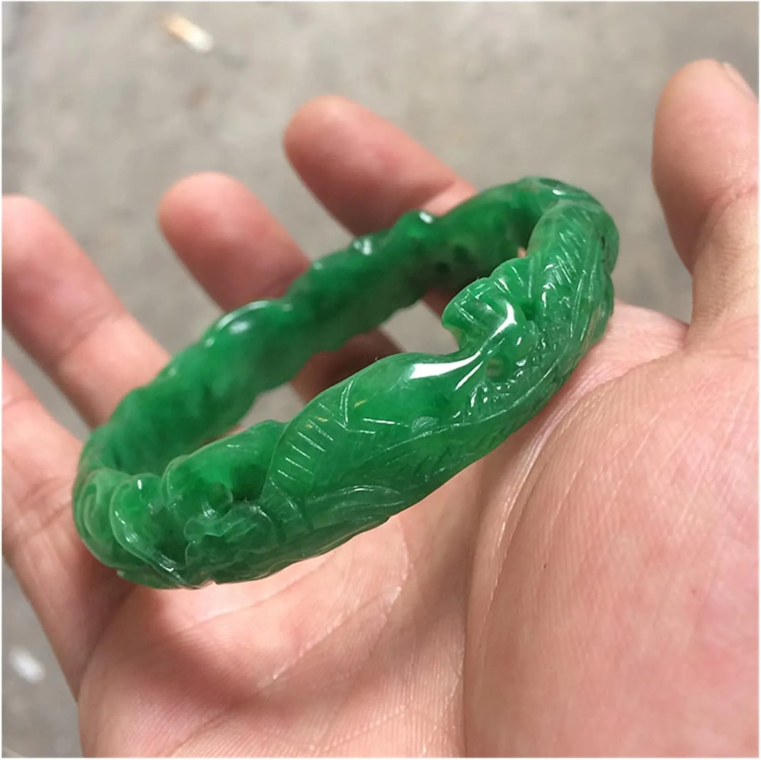 Emerald Hand Carved Hollow Flower Jade Bangle Green Jade Bangles Women Emerald Bracelet /1852 (Color : A, Size : 57-58mm)