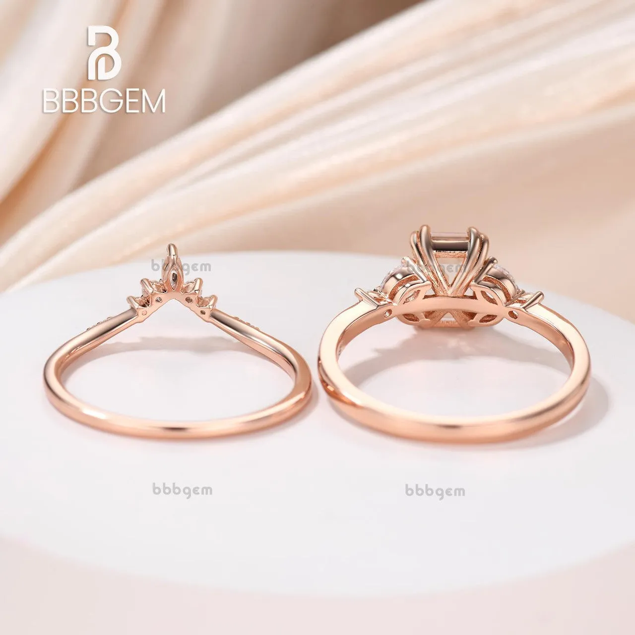 Emerald Shape Morganite Rose Gold Side Stones Engagement Ring Set Curve Moissanite Nesting Band