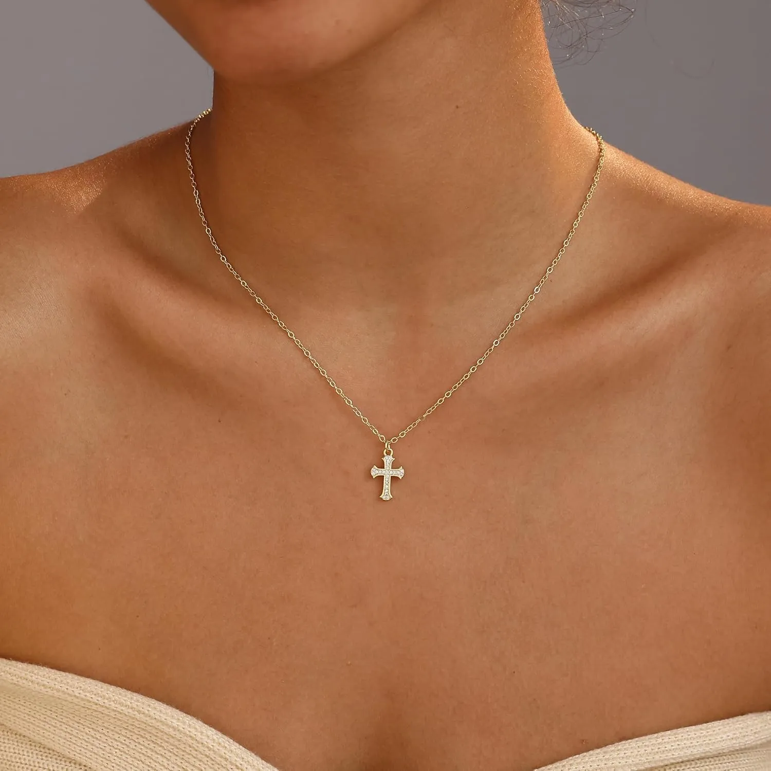 Ewrkbr Cross Necklace for Women,Gold Necklace 14K Gold Plated Cute CZ Cross Pendant Necklace Simple Dainty Gold Cross Necklaces for Women Trendy Non Tarnish Gold Necklaces Jewelry for Women